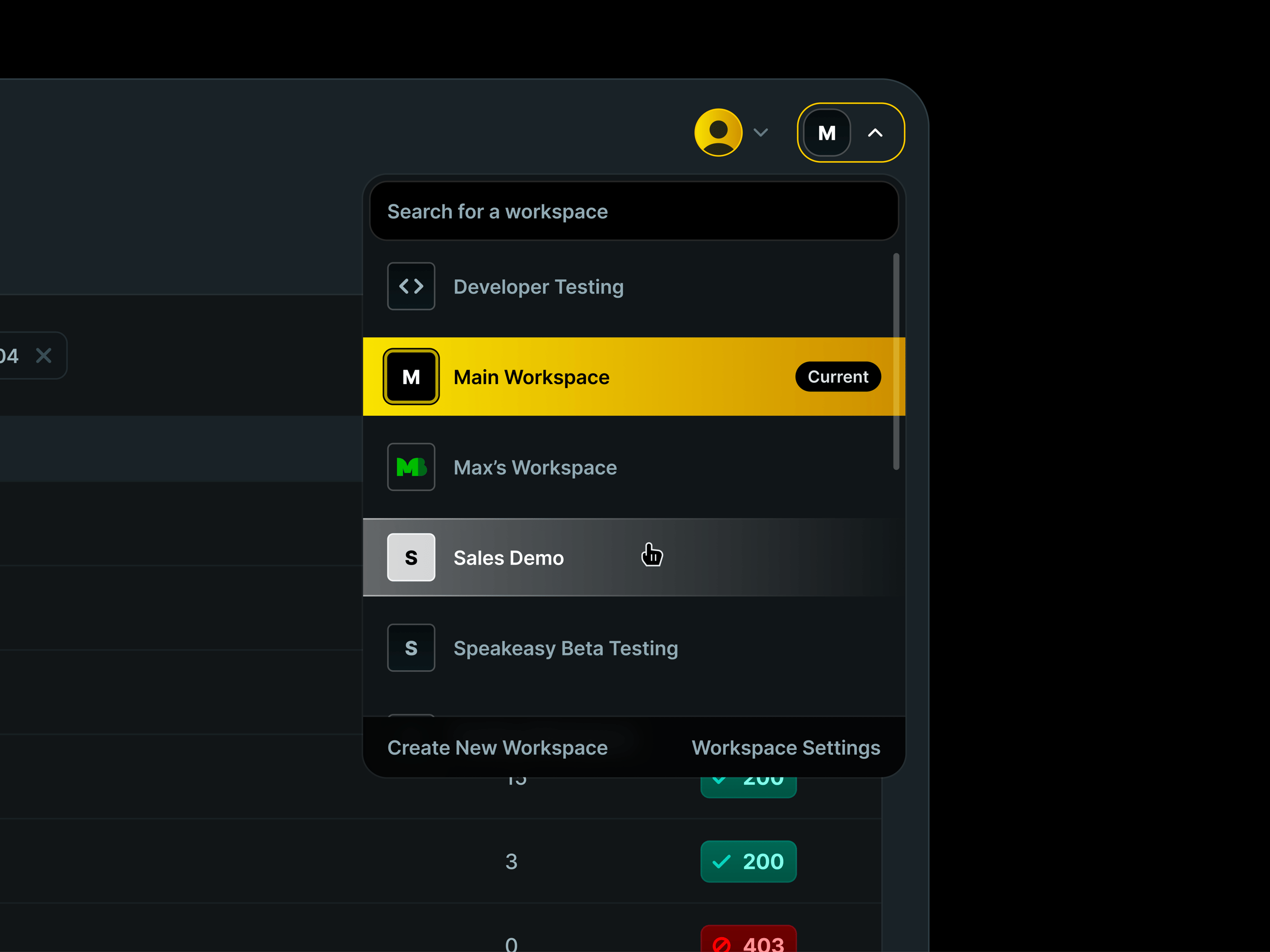 Speakeasy Dark Mode Workspace Selector