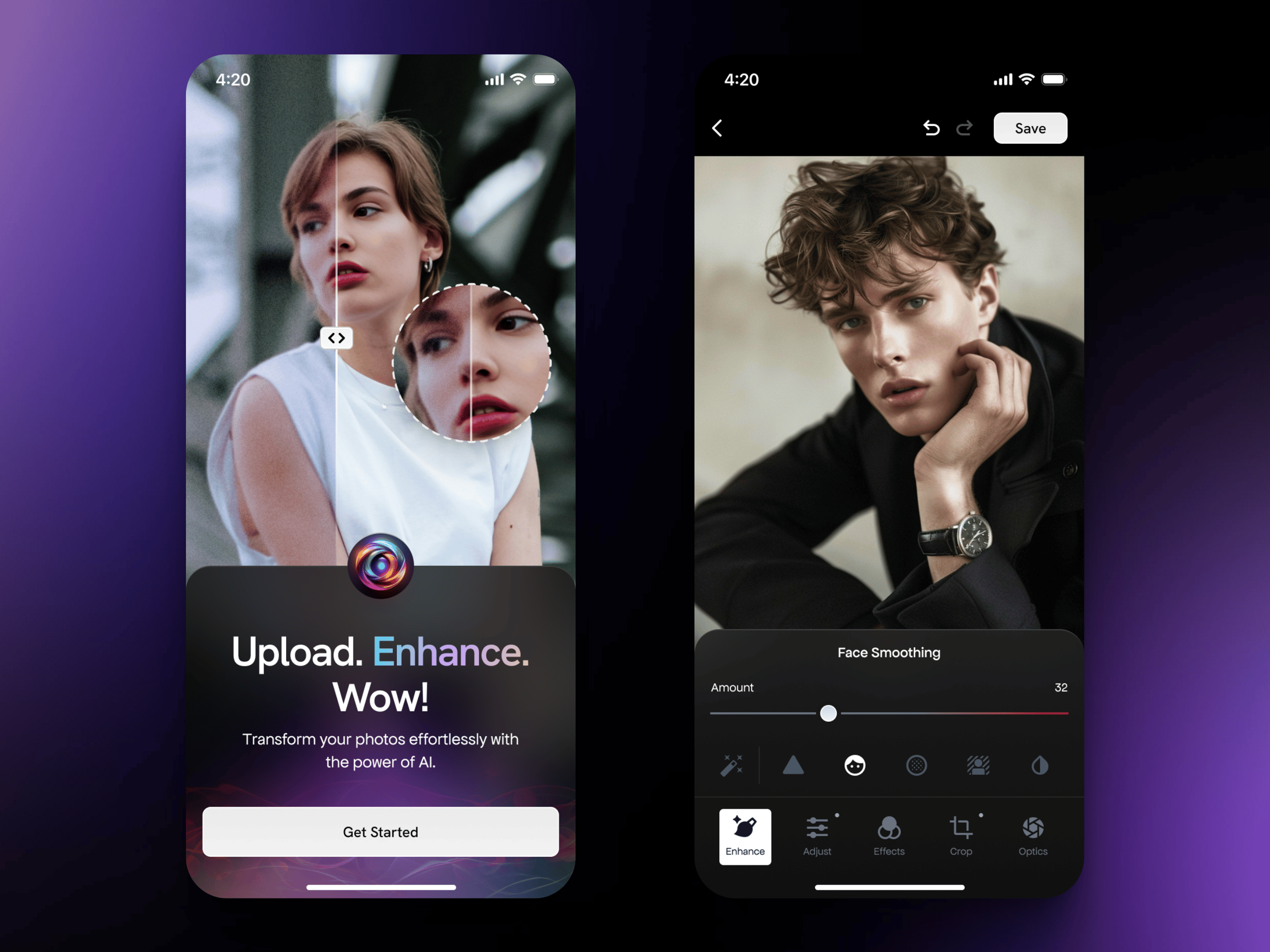 AI photo enhancer mobile app UI